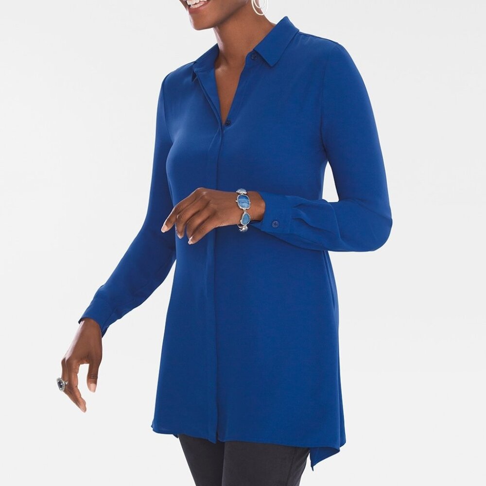 Chico's 0 Hem Interest Tunic Top Womens Size 4-6 Blue Lagenlook Sharkbite Blouse